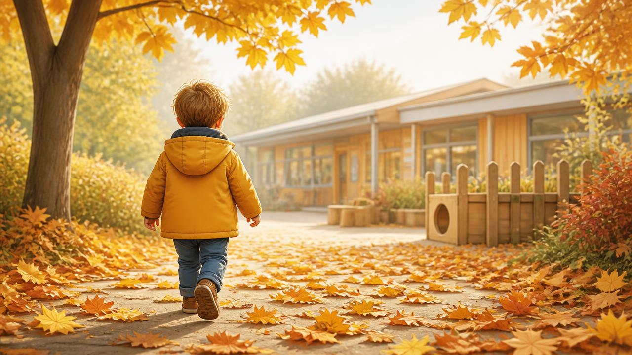 A young child in an autumn coat walking toward nursery on a golden September morning