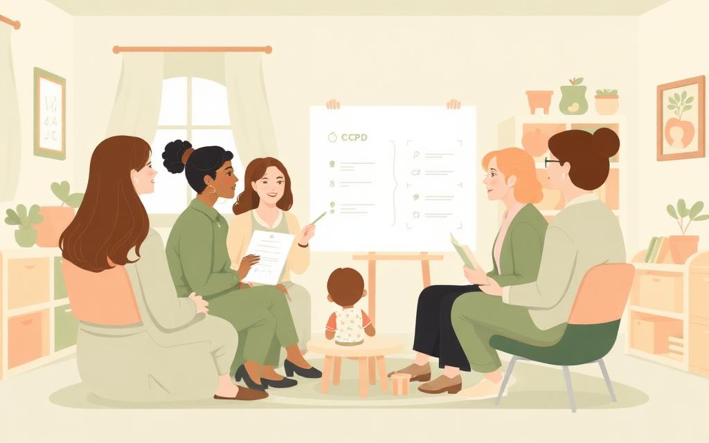 Illustration of early years practitioners in a small training session in a nursery room