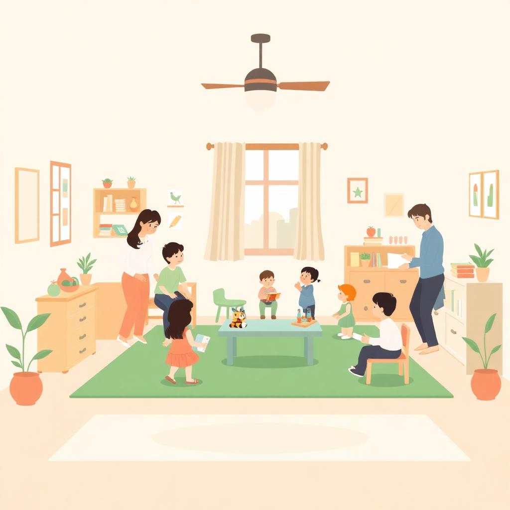 Illustration of a UK nursery room with children and staff showing adult to child ratios