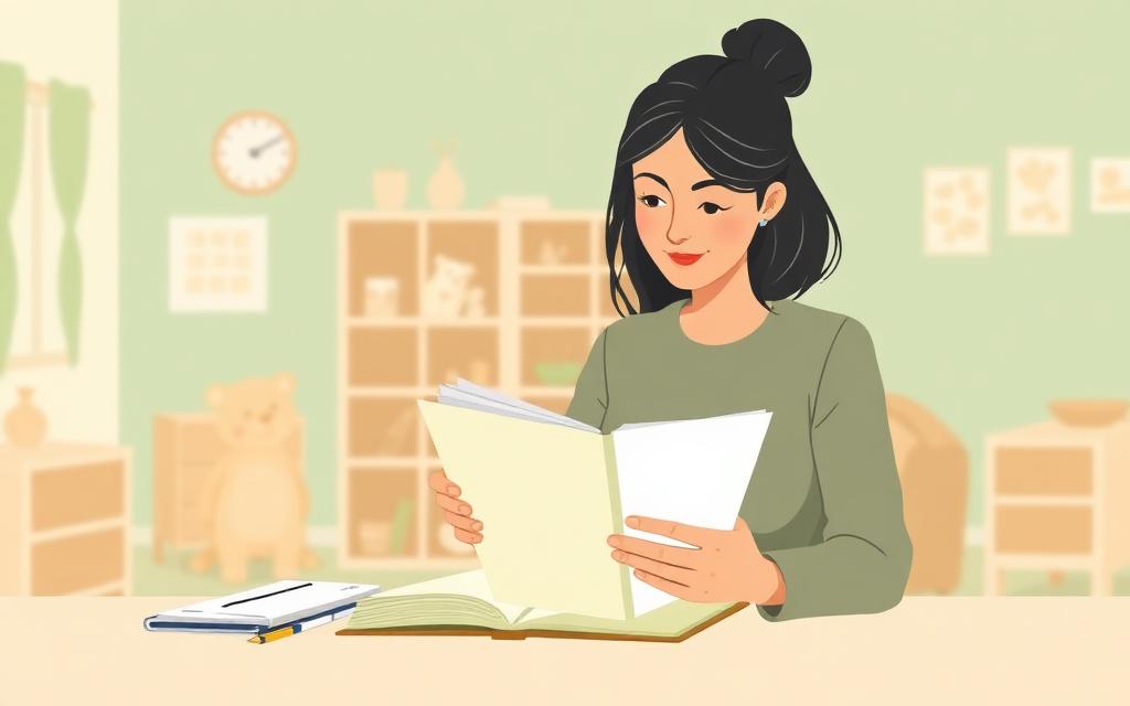 Illustration of a nursery manager reviewing a safeguarding folder in a calm early years office