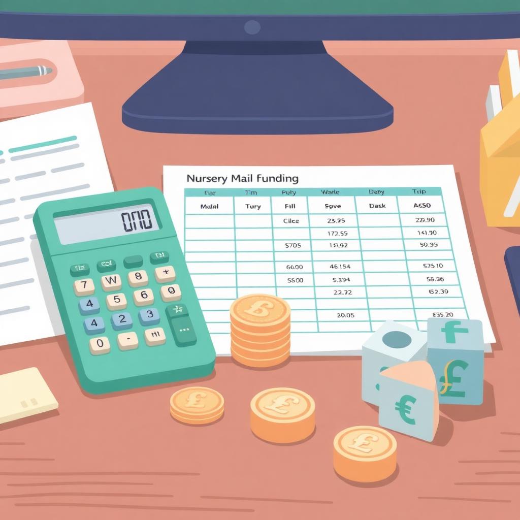 Illustration of a calculator, pound coins and a nursery funding spreadsheet on a desk