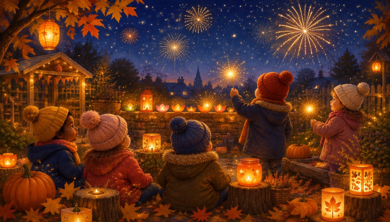 Children in woolly hats watching golden fireworks and sparklers in a nursery garden decorated with glowing lanterns, diya lamps and pumpkins