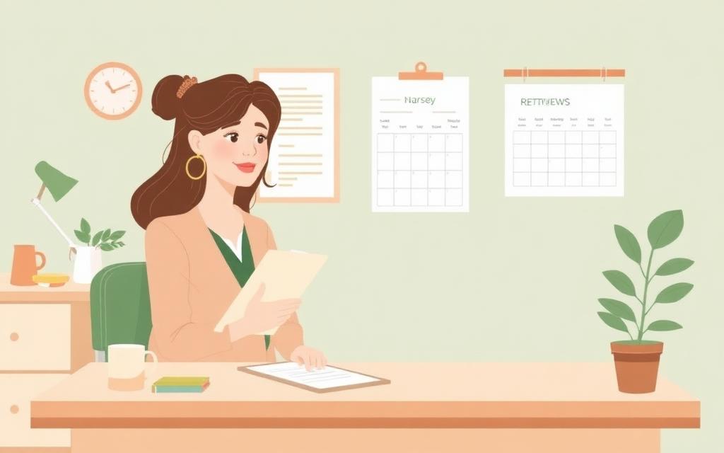 Illustration of a nursery manager interviewing a candidate in an early years office