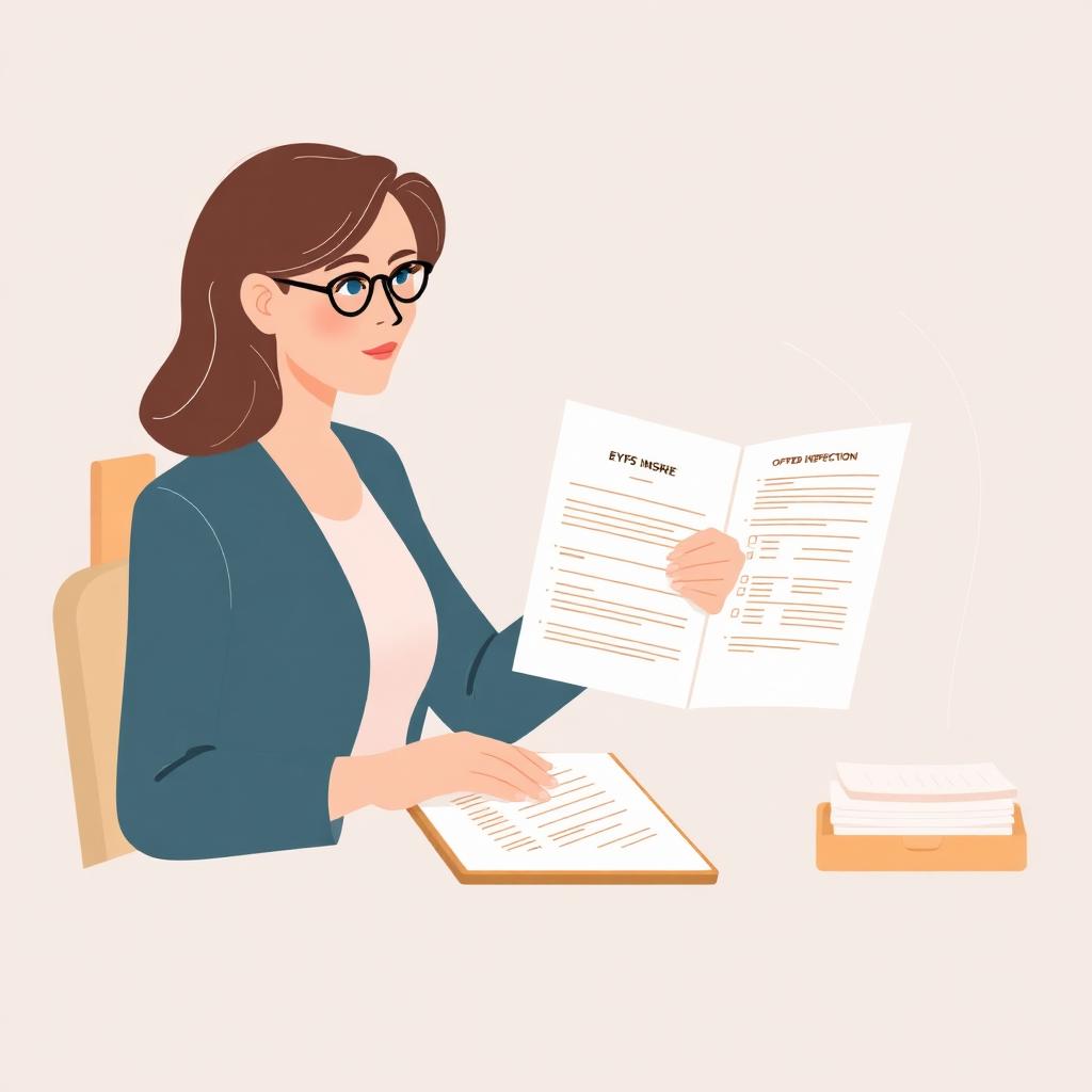 Illustration of a UK nursery manager reviewing an Ofsted inspection folder at her desk