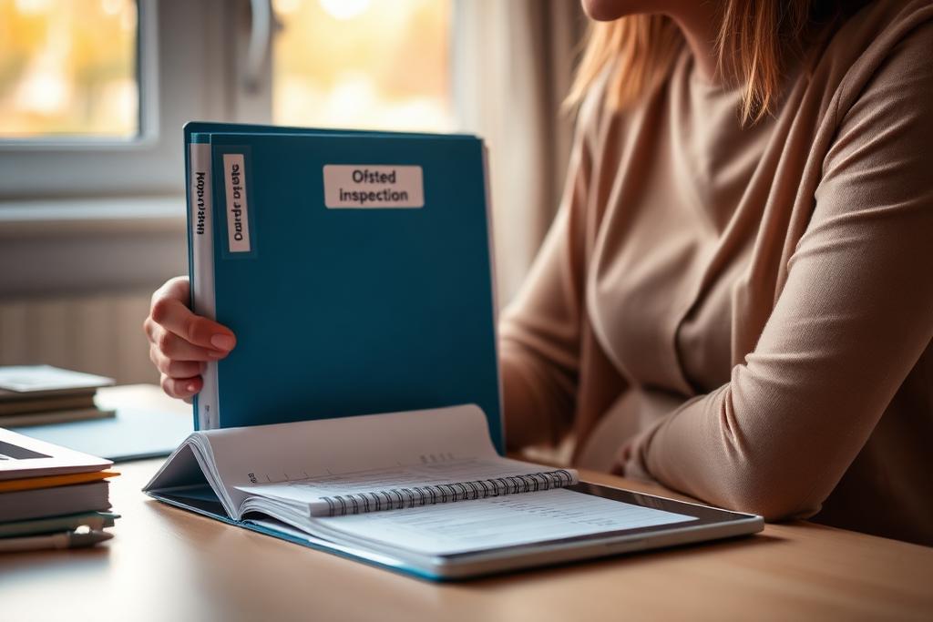 A nursery manager organising an Ofsted inspection folder with labelled dividers on a tidy desk
