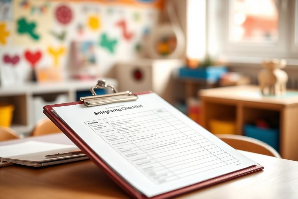 A safeguarding checklist on a clipboard in a bright nursery room with children's artwork in the background
