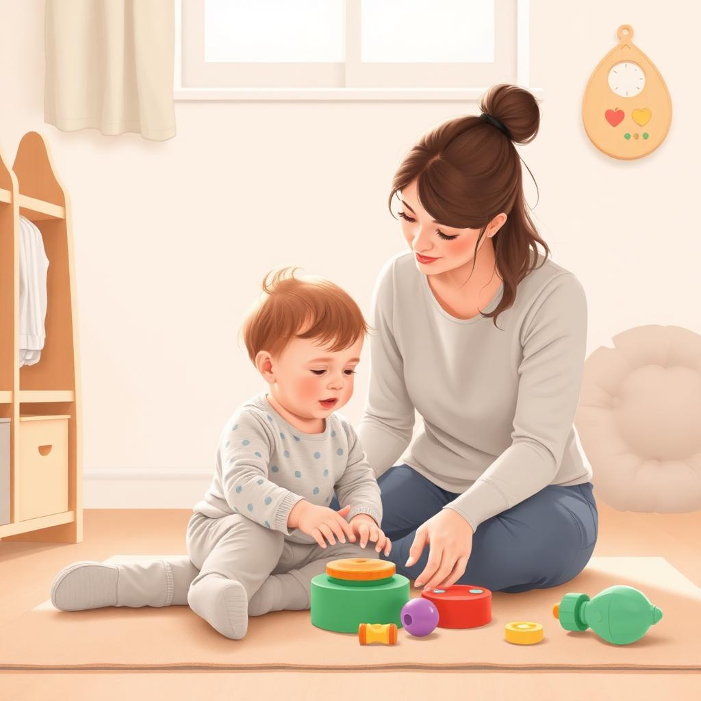 Illustration of a UK nursery practitioner observing a toddler exploring sensory toys on the floor