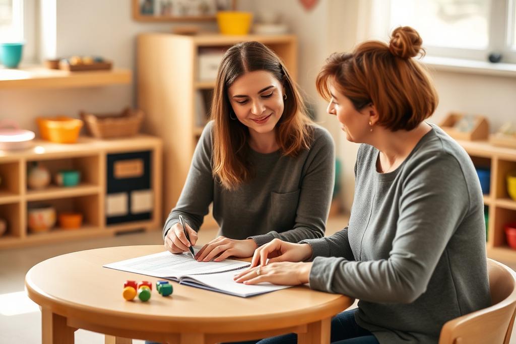 A nursery SENDCO and manager reviewing a support plan together at a small table in an early years setting