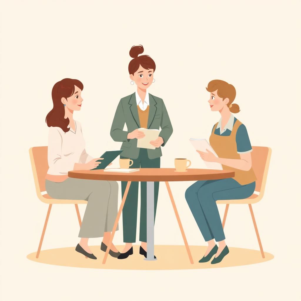 Illustration of a nursery manager leading a supervision meeting with a staff member over coffee